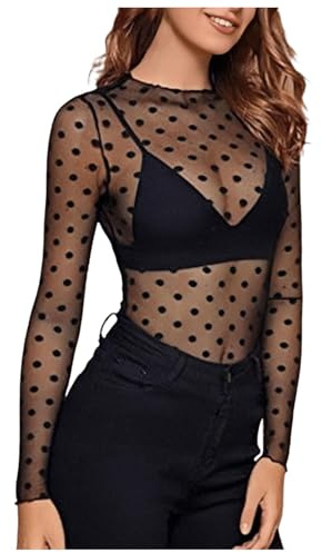 Haut Transparent Noir Femme Sexy Top Dentelle Femme soirée Tee Shirt Manche Longue Femme Chic et élégant Chemisier Femme Transparente et Sexy Haut en Mesh Clubwear de Fete (BK1, XXL)