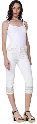 Koroshi Jeans Capri Stretch Push Up Middle Rise och Fem fickor med dragkedja och metallknapp och avsmalnande nederkant med broderi glitter match-kappa för kvinnor, Vit, 38