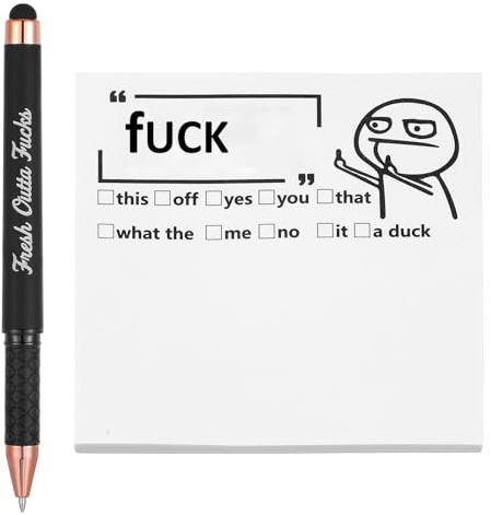 Febbya Bloc-notes et Stylo, Cadeau Humoristique Fresh Outta Fucks Accessoires de Bureau Amusants, Cadeaux Originaux pour Hommes et Femmes, Papeterie pour Amis et Collègues, Gadgets de Travail