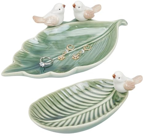 PH PandaHall 2pz Ceramica Piattino Portagioie Vassoio Portaoggetti in Ceramica a Forma di Foglia, Decorativo Piatto Portaoggetti per Anelli Collane Braccialetti Portachiave, 15~22.6cm