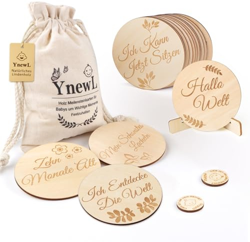YnewL Meilensteinkarten Baby Holz auf Deutsch-30 Wichtigen Momente auf Ausgewähltes Lindenholz Inklusive Praktischem Aufsteller, Geschenke zur Geburt Babyparty für Schwangere, Werdende Mütter Eltern