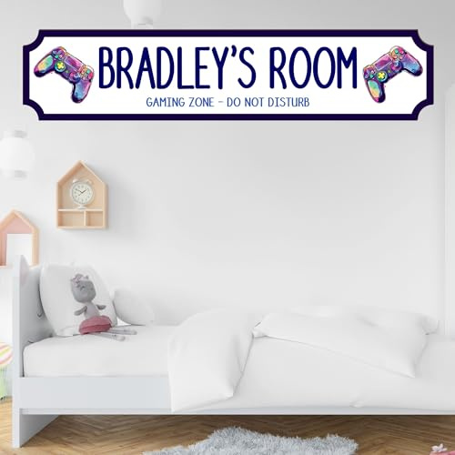 Personalised Children's Room Street Sign Plaque - Custom MDF Wood or Acrylic Sign Gift for Boys, Home, Kids Room, Games Room Decor with 7 Designs (Gaming, MDF Wood - Medium 390mm x 85mm)