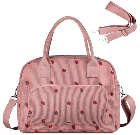 FITDON Insulated Lunch Bag for Women Men, Corduroy Cooler Bag Lunch Box Container Large Lunch Tote Bag for Work School Picnic Travel, Pink Strawberry