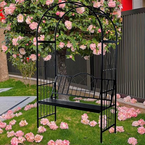 QYANPEN Gartenbogen, robuste Metalllaube mit Bank, Gartenlaube für Kletterpflanzen, Metall-Gartenspalier-Pergola-Bögen für die Dekoration von Rasen und Hinterhof im Freien, 114 x 210 cm (schwarz)
