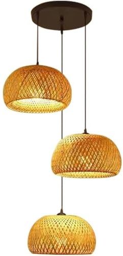 TMKOO Bambus Pendelleuchte 3-Flammig Vintage Boho Rattan Deckenleuchte Mit Geflochtenem Schirm Verstellbare Hängende Kronleuchter Für Esstisch Schlafzimmer Wohnzimmer Küche Diele E27(A)