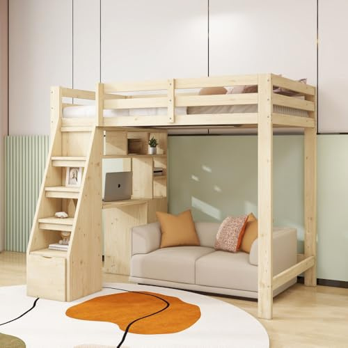 Biqzuya Hochbett für Kinder, 90 x 200 cm, Hochbett, 1-Sitzer, Arbeitstisch mit Regalen und Schränken, Sicherheitsleiter mit Aufbewahrung, Kinderbett mit Schubladen, Struktur aus Massivholz