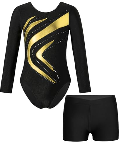 Miutii 3 Stück Mädchen Turnanzug Glitzer Langarm Gymnastikanzug Schwarz Ballettanzug + Shorts Gymnastik Leotard Turnbody Wettbewerb Tanzkostüm