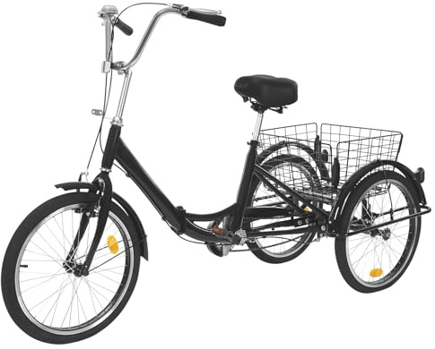KKVUIIFF - 20 Zoll Klappbar Dreirad, Dreirad Fahrrad für Erwachsene, Erwachsenendreirad mit Einkaufskorb, für Verschiedene Straßen (Schwarz)