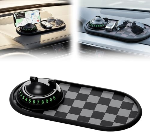 Multifunction Car Anti-Slip Mat, Car Dashboard Mat 360° Rotating, Adjustable Phone Holder with Hidden Parking Number Plate for Phone, Sunglasses and Keys (Style A)