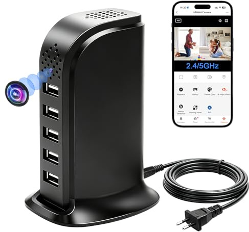 Nisanmoon Telecamera Nascosta WiFi 5G, Caricatore USB a 5 Porte con Telecamera Nascosta, Mini Telecamera Spia Nascosta Wi-Fi HD 1080P con Rilevamento del Movimento e Visualizzazione Remota