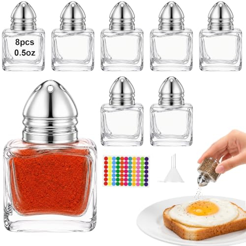 Mssushi Set de 8 Mini Saleros de Cocina Cuadrado 15ml, Mini Especieros con Pegatinas Embudo, Salero y Pimentero de Cocina con Tapa de Acero Inoxidable, para Restaurantes, Camping, Barbacoa