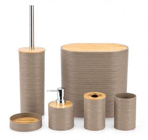 EVERGOODS Bathroom Accessories Set 6 Piece Modern Bathroom Decor Set with Trash Can Toilet Brush, Liquid Soap Dispenser Toothbrush Holder Mouthwash Cup Soap Dish Vanity Accessories Brown