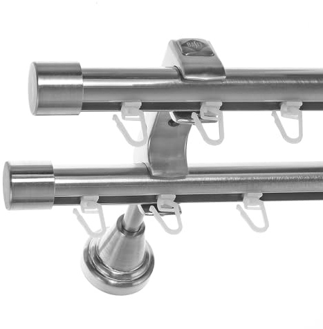 BASIT Gardinenstange Innenlauf Edelstahllook 20mm 2-läufig Wand 160cm H60II | Gardinenstangenset doppelläufig Wandmontage Metall Vorhangstange Wandhalterung 120-600cm wählbar Kappe E30