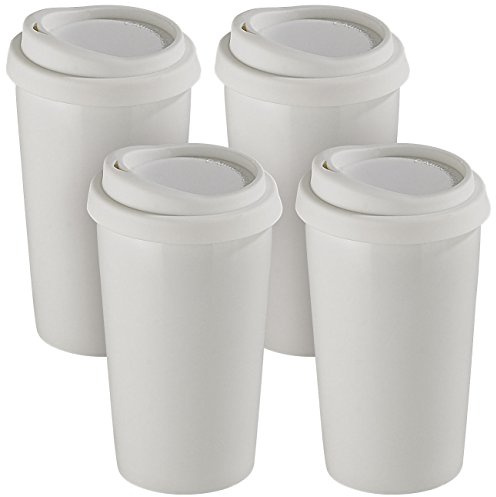Rosenstein & Söhne Auto-Tasse für unterwegs: 4 Coffee-to-go-Becher aus Keramik, Silikondeckel, 250 ml, doppelwandig (Becher für Auto-Getränkehalter, Tasse für unterwegsTasse)