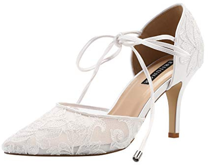 ERIJUNOR E2374 Ivory Lace Mesh Satin Bridal Wedding Shoes for Women Comfortable Mid Heel Tie Up Ankle Strap Pointy Toe Pumps Ivory Size 8