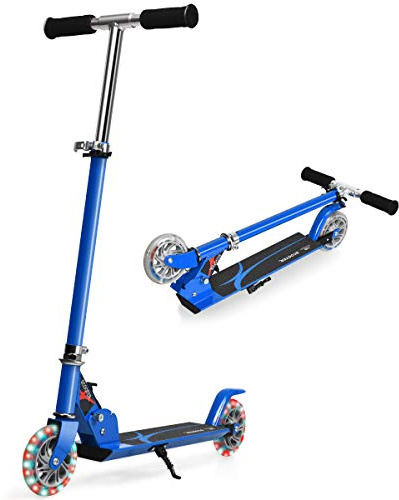 COSTWAY Patinete Niño,4 a 13 años, Scooter Roller con 2 Led Ruedas, Altura Ajustable, Patinete Plegable hasta 70kg (Azul)