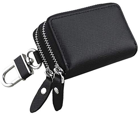 Echtleder Schlüsseletui,MoreChioce Auto Schlüsseltasche mit Haken Tragbares Schlüsselringetui Multifunktionale Mini Münztasche Doppel-Reißverschluss Schlüsselmäppchen,Schwarz