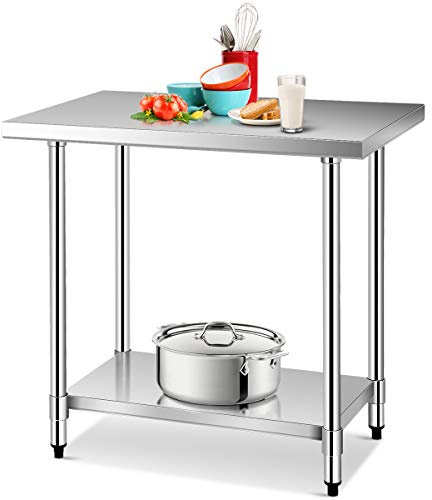 GIANTEX Edelstahl Arbeitstisch 2 Ebenen, Küchentisch Edelstahltisch mit höhenverstellbarer Ablage, Küche Lebensmittel Zubereitungstisch, verstellbare Füße, Gastro Tisch Ablagetisch 92x61x90 cm
