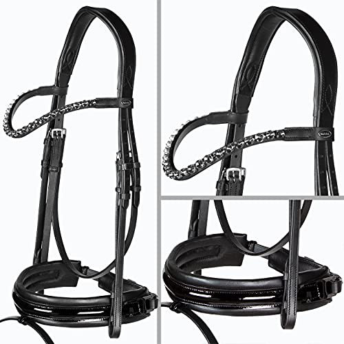 Heinick-Reitsport Trense anatomisch Motion Schwarz Lack breites RH mit Zaumhaken ~ Warmblut ~ (Glow-Ash)
