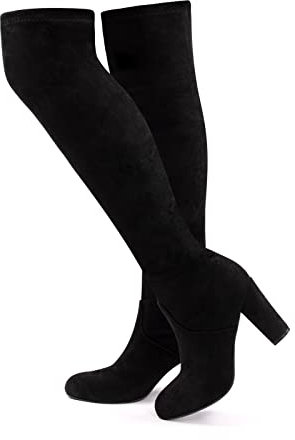Overknees Stiefel Damen Boots Schnürstiefel Frauen Kniehoch Langschaft Blockabsatz Elastisch Weiter 9.5 cm F Schwarz 39