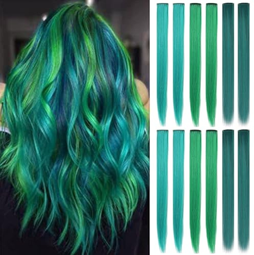 XIRRWWH Farbe Haarverlängerung Clip in,12 Stücke-Dunkel türkis,Grün,Türkis | 21 Zoll Bunte Haarsträhnen Haarteile Heat Resistant Gerade Multicolor Haarzubehör für Mädchen,Dress Up,Geburtstagsgeschenk