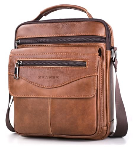 SPAHER Umhängetasche Leder Herren Herrentasche Schultertasche Echtes Leder Handgelenktasche Herren Schultertasche Crossbody Bag Messenger Bags Geschenk für Männer Braun