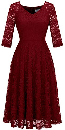 Dressystar Dam elegant spetsklänning V-ringning cocktailklänning bröllop midi aftonklänningar, Mörkröd, XL