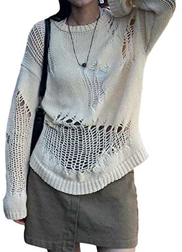 FeMereina Pull à manches longues en tricot au crochet pour femme avec trou creux déchiré - Cache-maillot en résille des années 90, Beige, blanc, Taille Unique