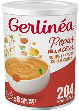 GERLINÉA Soupe Lentilles Corail Curry – Substitut de Repas Minceur Riche en Protéines – Faible en Graisses Saturées – 8 Repas – Soupe Déshydratée – à Reconstituer, Pot 424g