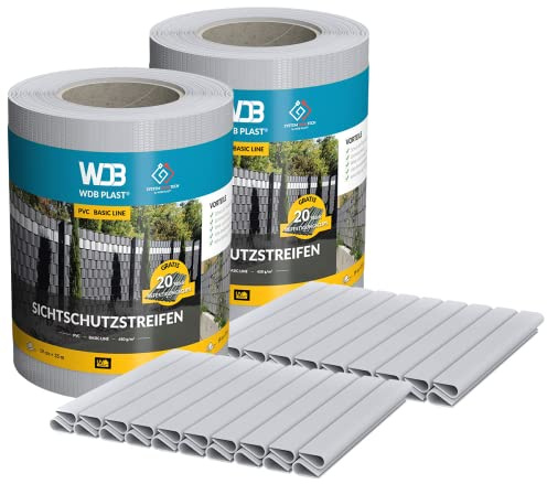 WDB - Sichtschutzstreifen für Doppelstabmatten Sichtschutz Zaun - Set 2X 35 m x 19 cm + 80 Stück Befestigungsclips - PVC Windschutz Basic Line - 450 g/m2 - Grau - RAL 7040