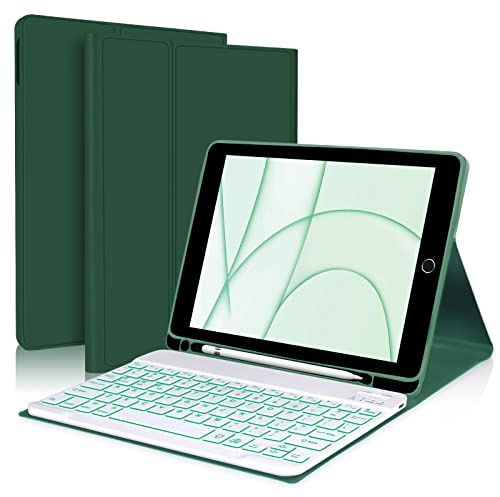 BORIYUAN iPad 9th 2021/8th/7th Generation Keyboard Case, 7 Colors Backlit Detachable Keyboard Slim Folio Smart Cover for iPad 10.2/iPad Air 10.5(3rd Gen)/iPad Pro 10.5 with Pencil Holder – Green