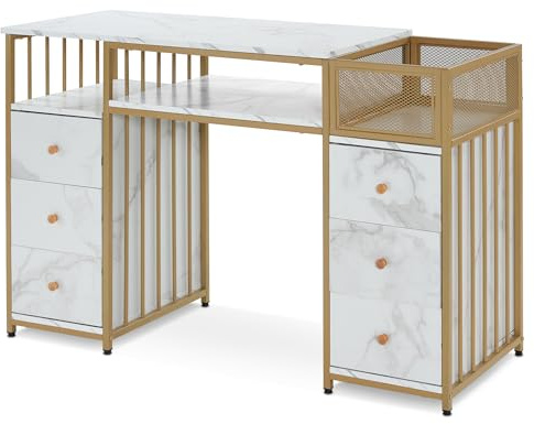 BarberPub Marbling Texture Nail Acetone Resistant Desk, Manicure Table with Metal Frame, Nail Salon Station Beauty Storage Organizer 2425 (White)