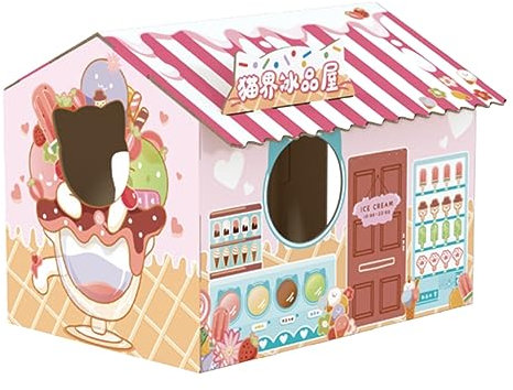 ZLXHDL Katzenhaus Pappe, Wellpappe Katzenhaus Indoor Mit Katzenminze, Verschleißfest Tragbares Katzenspielhaus, Einfach zu Montierendes Katzen Kratzmöbel Heimtierbedarf Für Katzen(Eishaus)
