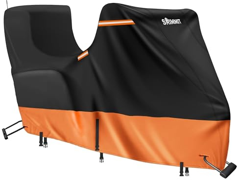 Motorbike Cover Waterproof Outdoor with Side+Top Box,420D Touring Motorcycle Cover with 5 Reflective Strips,Air Vents,3 Windproof Buckles,Antenna Zipper (118x44x56 Black & Orange)