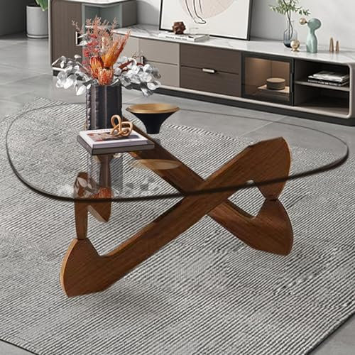 GESEILAY Couchtisch Glas Holz Dreieckiger Couchtische Wohnzimmer Modern Ausgefallene Cochtischtisch Kleiner couchtisch für Wohnzimmer (Walnuss - Transparent, 82cm)