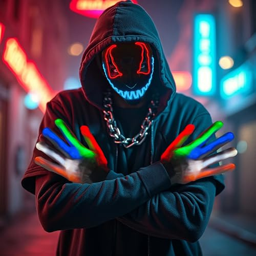 Lunluck Halloween Led Mask with Gloves, 3 Modes Purge Mask 6 Modes Led Glow Gloves, Halloween Light up Mask for Adults Men Women Cosplay Costume Party Carnival Gift