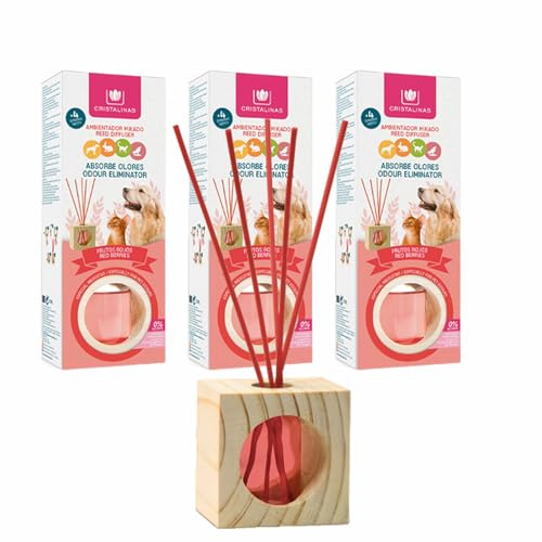 CRISTALINAS Pet Odour Eliminating Reed Diffusers Red Berries Scent - 30ml Air Fresheners for Home - Lasts upto 4 weeks - Reed Diffusers for Home - Pack of 3