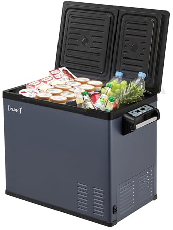in.tec Auto Kühlbox Alberona Kompressor Kühlschrank 45 L elektrisch Gefrierschrank für Autos und Steckdose 12/24 V Gefriertruhe tragbar Stahl Blaugrau