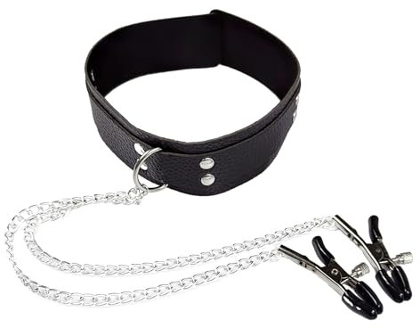 Adjustable Leather Collar Choker Necklace with Metal Nipple Clamps Non-Piercing Nipple Jewelry with Chain Necklace for Couples, Breast Clip Toys for Flirting, Comfortable Silicone Clips (Black)