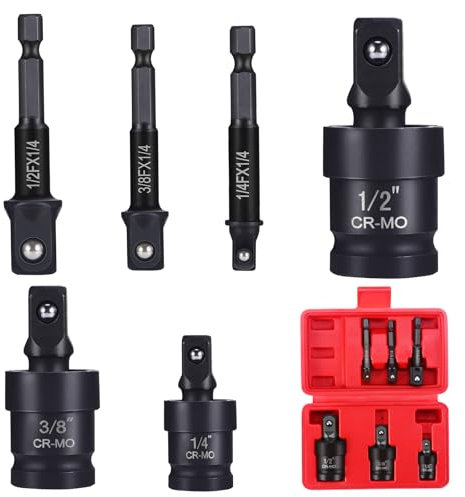 WiMas 6PCS Impact Universal Joint Socket Adapter Set Impact Driver Adapter Reducer Converter Adapter with 3PC Universal Joint Socket and 3PC Drill Adapter, 1/4 3/8 1/2 Socket Set