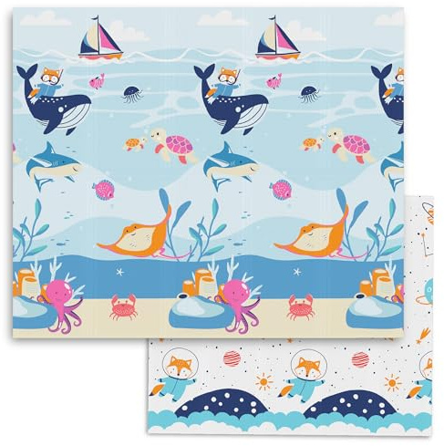 Sweety Fox - Spielmatte Baby - Krabbelmatte Baby 150x180x1cm - Krabbelmatte Wendbar, Faltbar, Wasserabweisend - Schaumstoff Babymatte - Baby Spielmatte (Ozean)