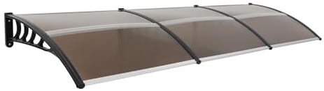Marquesina para puerta de casa, 90 x 300 cm, con estante negro+toldo marrón, puerta de entrada de aluminio, toldo para exterior, protección solar y lluvia