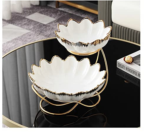 FHPEWXDG Fruit Basket 2-Tier Fruit Bowl, Ceramic Fruits Snacks Candy Plate with Metal Pedestal, Nuts Dried Fruit Display Stand