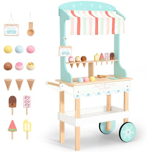PairPear Holz Eiswagen für Kinder Rollenspiel Lebensmittelgeschäft Eiswagen 2 in 1 Holzspielzeug Lebensmittelwagen Spielküche Kleinkinder Geschenk Jungen und Mädchen ab 3 Jahren Wooden Ice Cream Cart