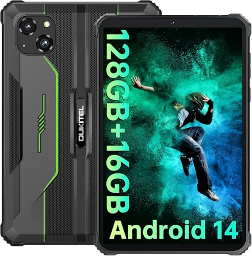 OUKITEL RT3 PRO Rugged Tablet - 8 Inch, 128GB+16GB Android 14,16MP+8MP Multi-Camera, 5150mAh Battery Charger Gaming, IP68/IP69K Waterproof Camera, 4G Tablet, OTG, NFC, Green