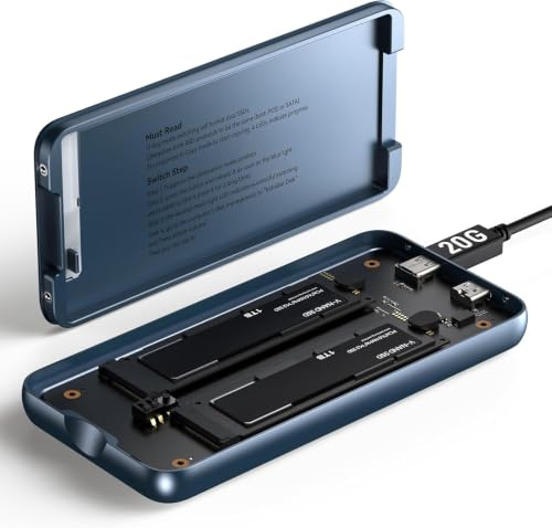 Dual Bay Raid SSD Enclosure: 2280 M2 Hard Drive Enclosure with Clone Mode & Raid 0/1 & JBOD Mode, 20Gbps Compatible to PCIe NVMe Harddrive Cloning HDD, Offline Duplicator