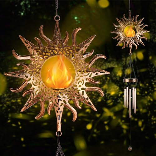 Solar-Sonnen-Windspiel für den Außenbereich, mit Flamme, wasserdichte Windglocken, Licht mit Craquelé-Glaskugel für draußen, einzigartige Geschenke für Muttertag, Mutter, Frauen, Mädchen, Hof, Garten,