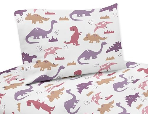 Sweet Jojo Designs Juego de sábanas tamaño matrimonial de 4 piezas (dinosaurio rosa y morado) para niñas, niños, ropa de cama incluye sábana encimera y funda de almohada (naranja, dinosaurio moderno