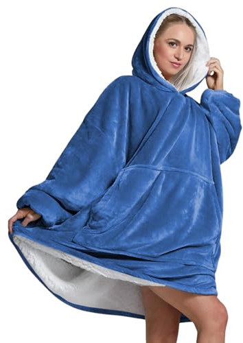 Oversized Wearable Hoodie Blanket Ultra Soft Sherpa Fleece Oodies Reversible Warm & Cozy Giant Hooded Blanket Sweatshirt Large Front Pocket - Gift One Size Fits For All (Solid Color, Blue)