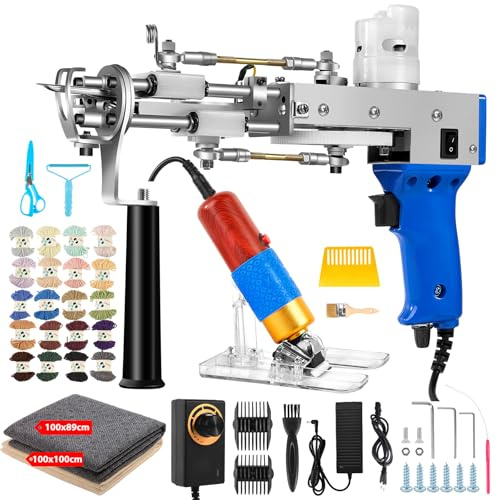 Vehipa Pistola de pelo con recortador de alfombras, 2 en 1 Cut Loop Pile Tufting Set con tijeras, paño, hilo, cepillos, raspador para la fabricación de alfombras DIY